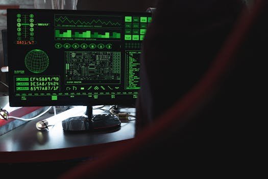 pexels-photo-5380589-5380589 View of a computer monitor displaying green digital security code in an indoor setting.